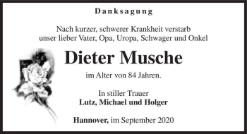 Traueranzeige von Dieter Musche  von Magdeburger Volksstimme