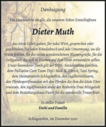 Traueranzeige von Dieter Muth  von Magdeburger Volksstimme