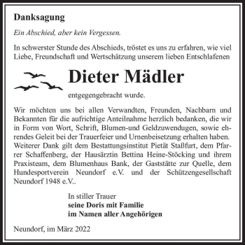 Traueranzeige von Dieter Mädler  von Magdeburger Volksstimme