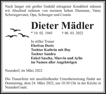 Traueranzeige von Dieter Mädler  von Magdeburger Volksstimme