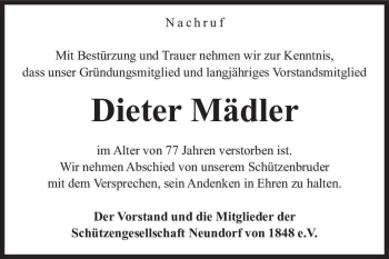 Traueranzeige von Dieter Mädler  von Magdeburger Volksstimme