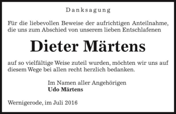 Traueranzeige von Dieter Märtens  von Magdeburger Volksstimme