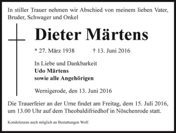 Traueranzeige von Dieter Märtens  von Magdeburger Volksstimme