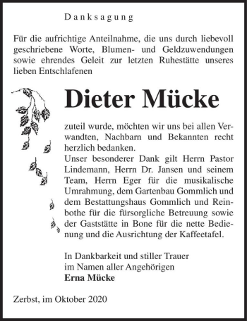 Traueranzeige von Dieter Mücke  von Magdeburger Volksstimme