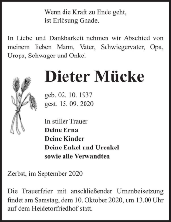 Traueranzeige von Dieter Mücke  von Magdeburger Volksstimme