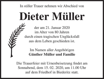 Traueranzeige von Dieter Müller  von Magdeburger Volksstimme