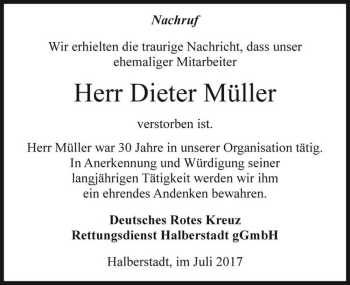 Traueranzeige von Dieter Müller  von Magdeburger Volksstimme
