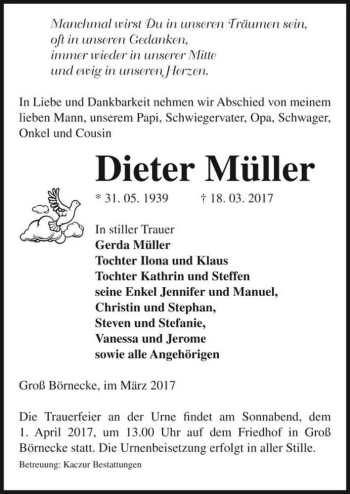 Traueranzeige von Dieter Müller  von Magdeburger Volksstimme
