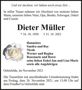 Traueranzeige von Dieter Müller  von Magdeburger Volksstimme