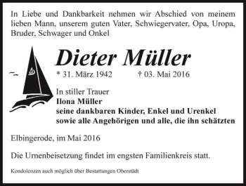 Traueranzeige von Dieter Müller  von Magdeburger Volksstimme