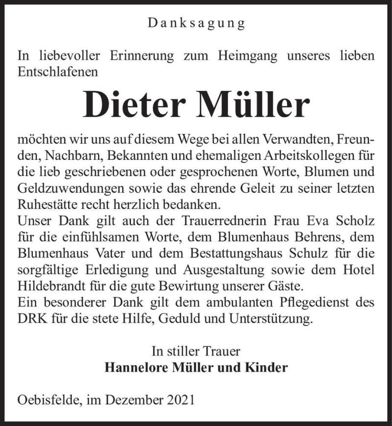  Traueranzeige für Dieter Müller  vom 04.12.2021 aus Magdeburger Volksstimme