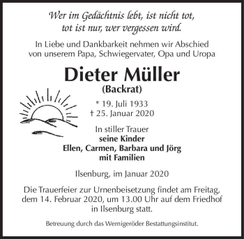 Traueranzeige von Dieter Müller  von Magdeburger Volksstimme