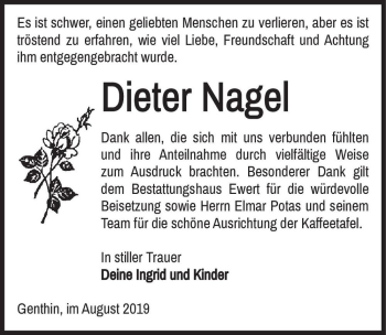 Traueranzeige von Dieter Nagel  von Magdeburger Volksstimme