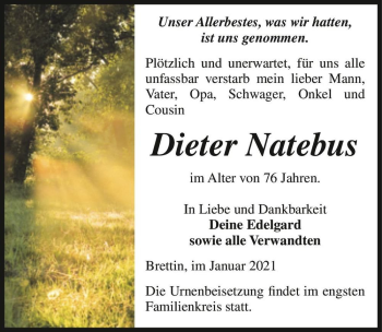 Traueranzeige von Dieter Natebus  von Magdeburger Volksstimme