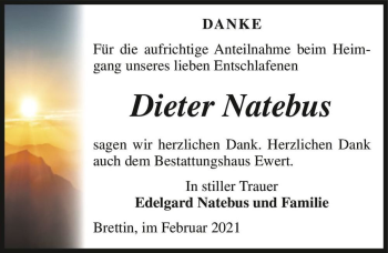 Traueranzeige von Dieter Natebus  von Magdeburger Volksstimme