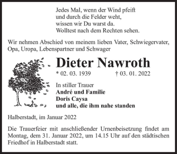 Traueranzeige von Dieter Nawroth  von Magdeburger Volksstimme
