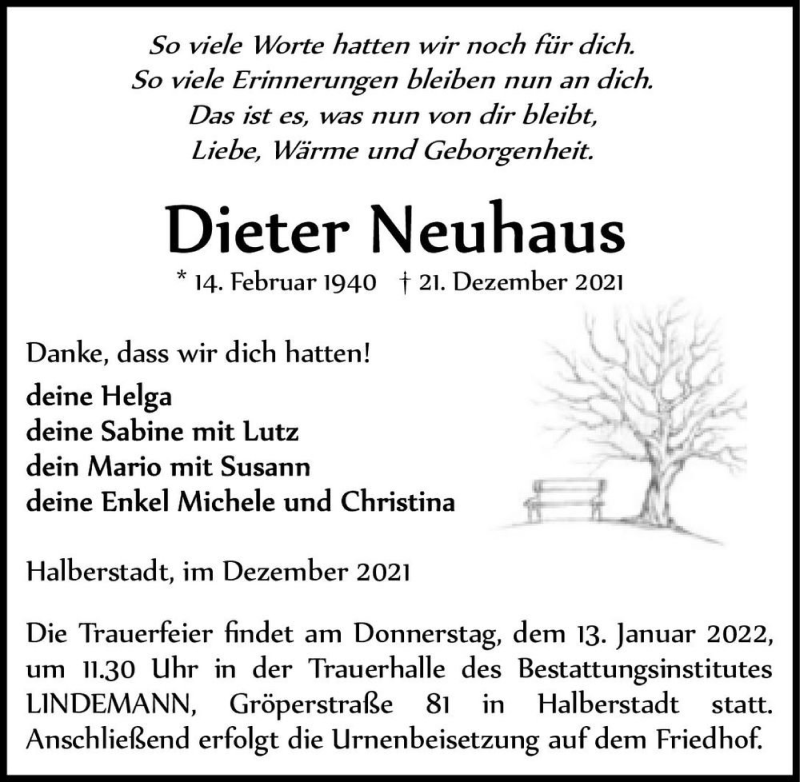  Traueranzeige für Dieter Neuhaus  vom 31.12.2021 aus Magdeburger Volksstimme