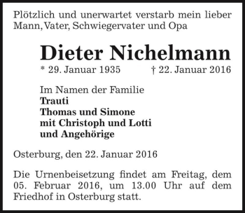 Traueranzeige von Dieter Nichelmann  von Magdeburger Volksstimme