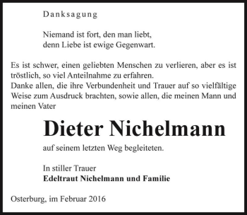 Traueranzeige von Dieter Nichelmann  von Magdeburger Volksstimme