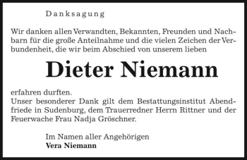 Traueranzeige von Dieter Niemann  von Magdeburger Volksstimme