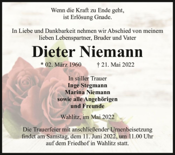 Traueranzeige von Dieter Niemann  von Magdeburger Volksstimme