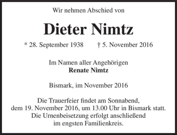 Traueranzeige von Dieter Nimtz  von Magdeburger Volksstimme