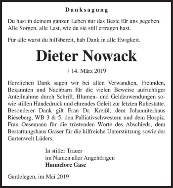 Traueranzeige von Dieter Nowack  von Magdeburger Volksstimme