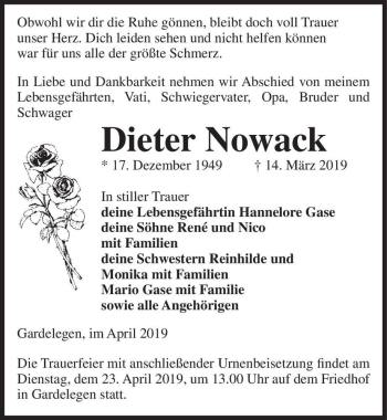Traueranzeige von Dieter Nowack  von Magdeburger Volksstimme