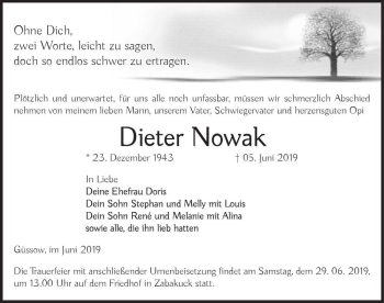 Traueranzeige von Dieter Nowak  von Magdeburger Volksstimme