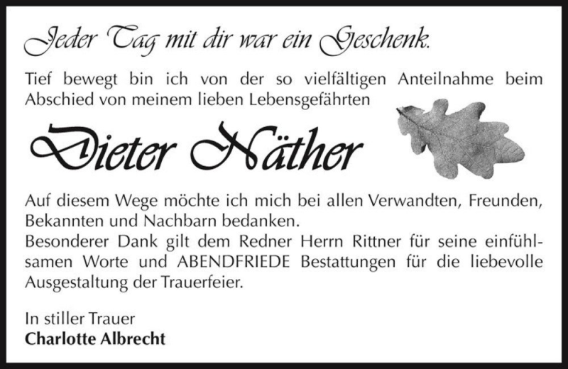  Traueranzeige für Dieter Näther  vom 01.04.2017 aus Magdeburger Volksstimme