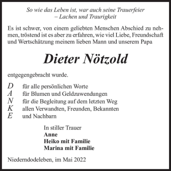 Traueranzeige von Dieter Nötzold  von Magdeburger Volksstimme