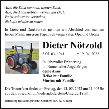 Traueranzeige von Dieter Nötzold  von Magdeburger Volksstimme