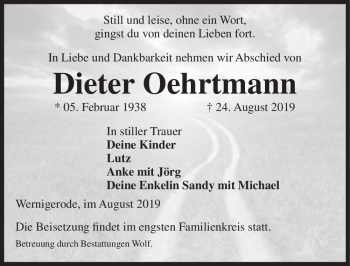 Traueranzeige von Dieter Oehrtmann  von Magdeburger Volksstimme