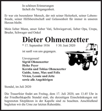 Traueranzeige von Dieter Ohmenzetter  von Magdeburger Volksstimme