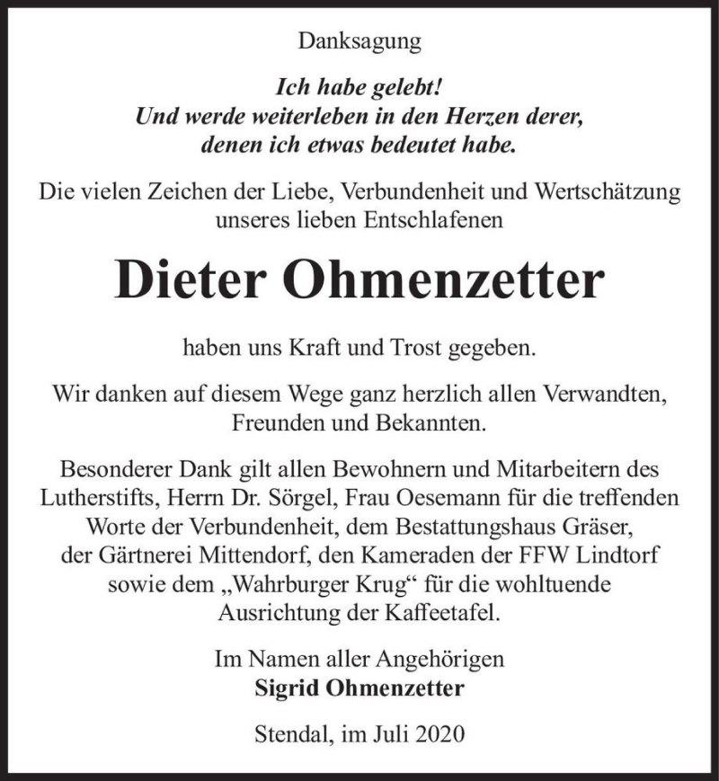  Traueranzeige für Dieter Ohmenzetter  vom 31.07.2020 aus Magdeburger Volksstimme