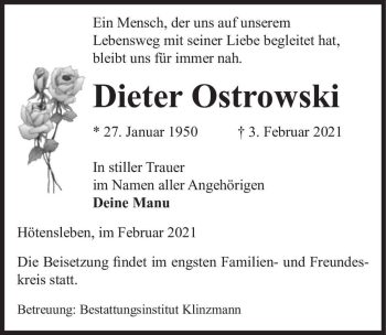 Traueranzeige von Dieter Ostrowski  von Magdeburger Volksstimme