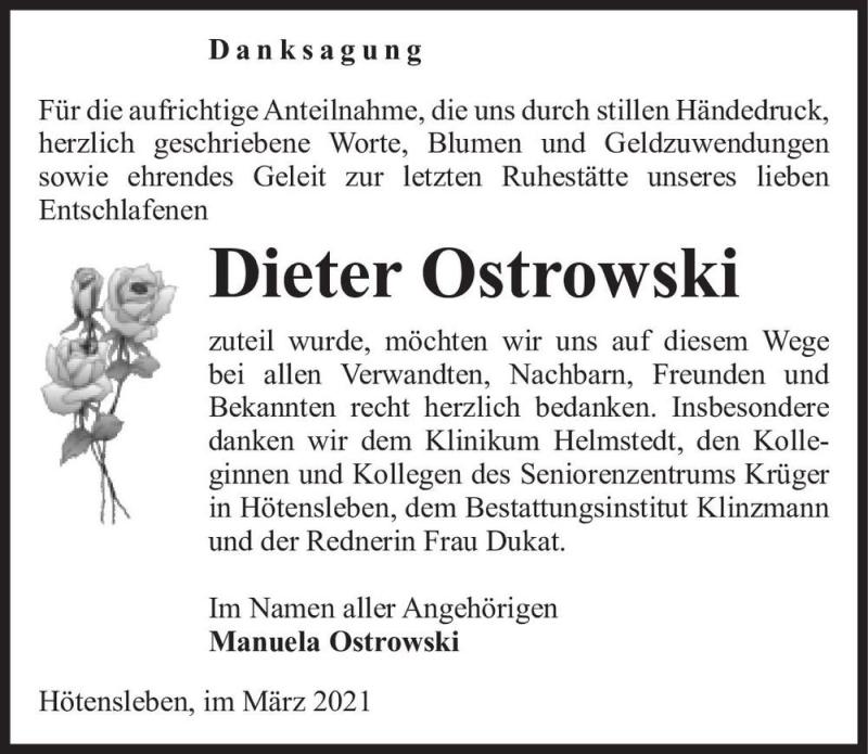  Traueranzeige für Dieter Ostrowski  vom 06.03.2021 aus Magdeburger Volksstimme