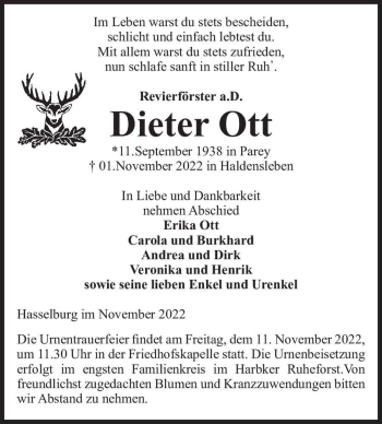 Traueranzeige von Dieter Ott  von Magdeburger Volksstimme