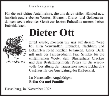 Traueranzeige von Dieter Ott  von Magdeburger Volksstimme