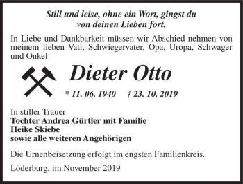 Traueranzeige von Dieter Otto  von Magdeburger Volksstimme