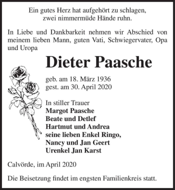 Traueranzeige von Dieter Paasche  von Magdeburger Volksstimme