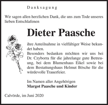 Traueranzeige von Dieter Paasche  von Magdeburger Volksstimme