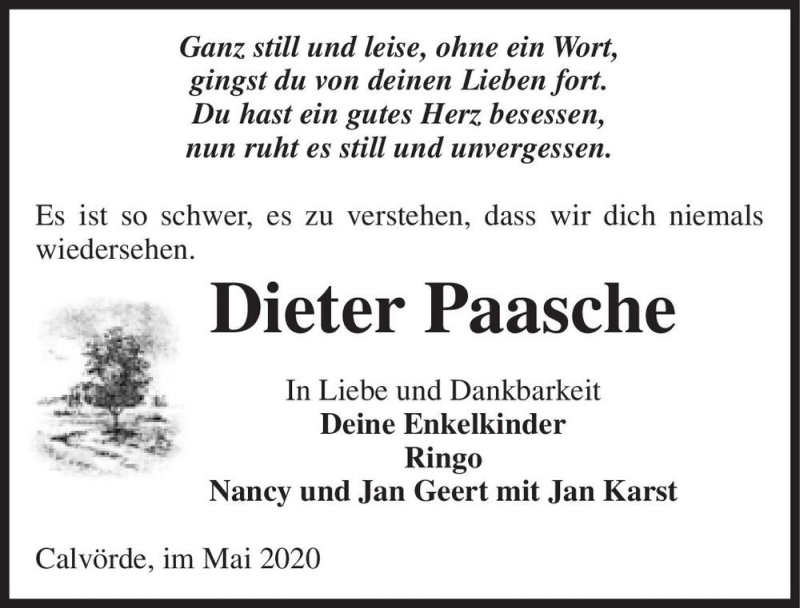  Traueranzeige für Dieter Paasche  vom 08.05.2020 aus Magdeburger Volksstimme