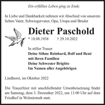 Traueranzeige von Dieter Paschold  von Magdeburger Volksstimme