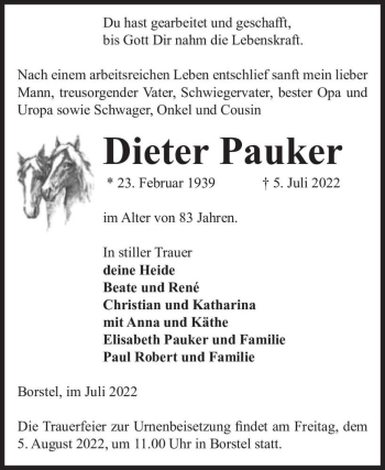 Traueranzeige von Dieter Pauker  von Magdeburger Volksstimme
