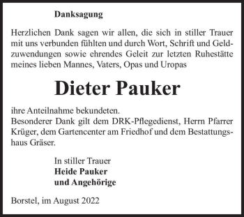Traueranzeige von Dieter Pauker  von Magdeburger Volksstimme