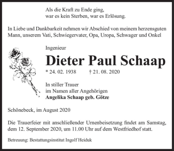 Traueranzeige von Dieter Paul Schaap  von Magdeburger Volksstimme