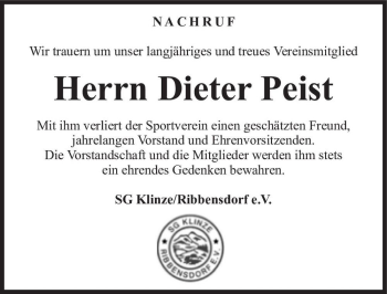Traueranzeige von Dieter Peist  von Magdeburger Volksstimme