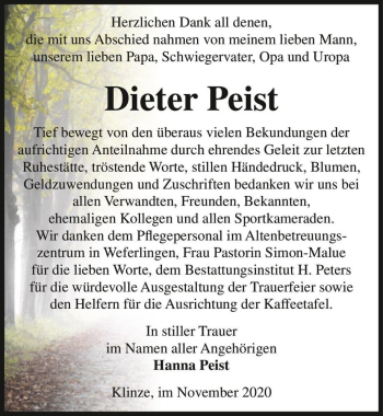 Traueranzeige von Dieter Peist  von Magdeburger Volksstimme