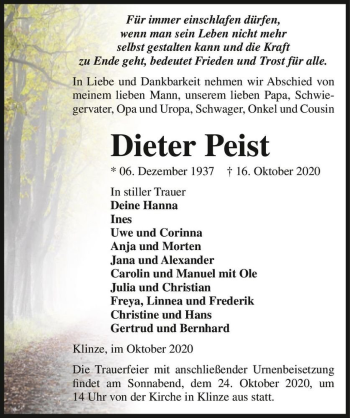 Traueranzeige von Dieter Peist  von Magdeburger Volksstimme